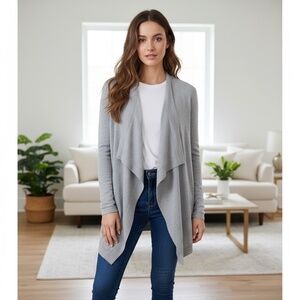 THEORY Winxie Gray Ribbed Knit Draped Cardigan Sweater Merino Wool Small